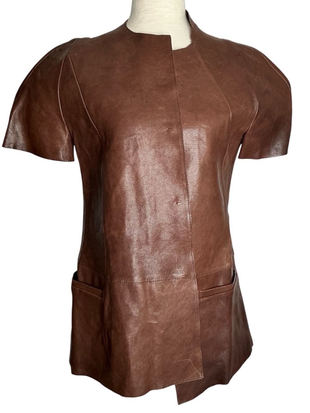 MARNI Brown Lamb Leather Short-Sleeve Jacket Asymmetrical Snap Buttons Size 38 - Picture 1 of 15